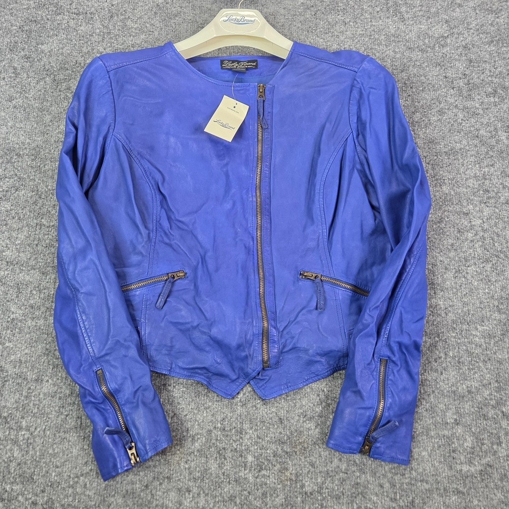 Lucky Brand Lamb Leather Moto Jacket Womens XL Cobalt Blue Full Zip Soft $399